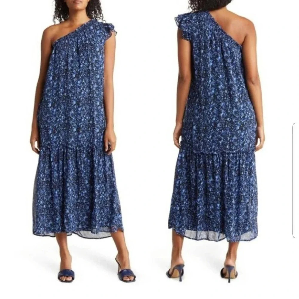 Collective Concepts Womens Maxi One Shoulder Floral Dress S Blue Tiered new